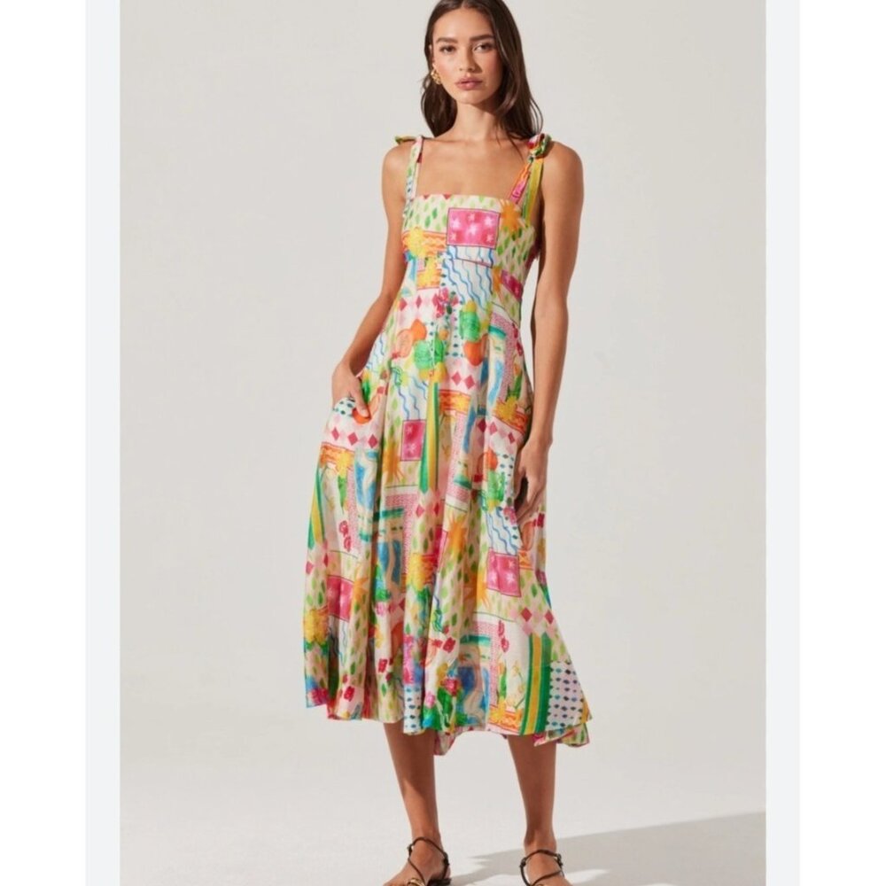 NWT Astr The Label Shiann Print Midi Dress Small Patchwork Summer Resort Bright